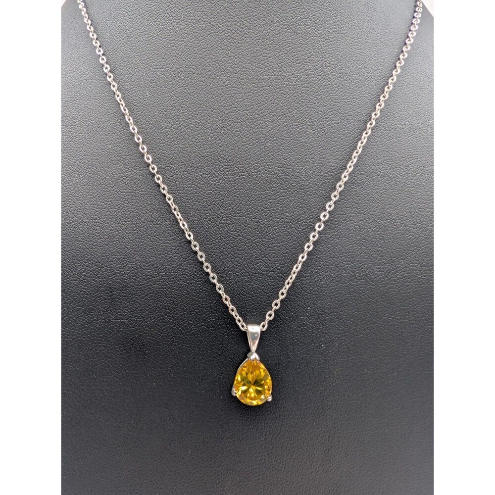Vintage Avon Silvertone Yellow Pear CZ Teardrop Citrine Color Pendant Necklace